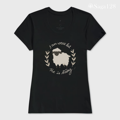 Camiseta cristã feminina preta com estampa de ovelha inspirada em Jesus como o Bom Pastor | Saga128