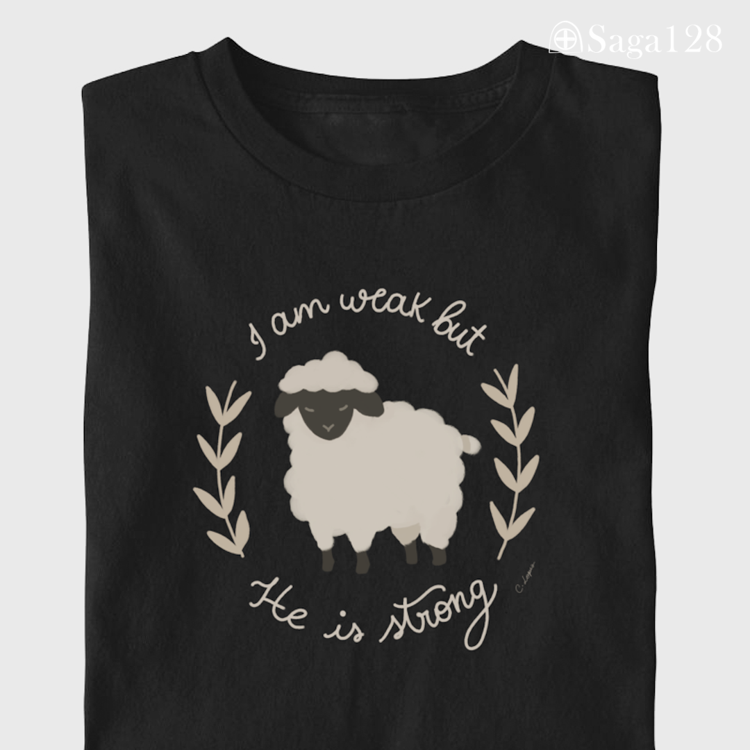 Camiseta cristã feminina preta com estampa de ovelha inspirada em Jesus como o Bom Pastor | Saga128