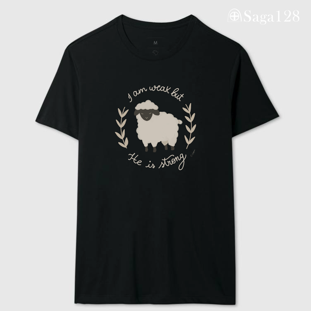Camiseta cristã feminina preta com estampa de ovelha inspirada em Jesus como o Bom Pastor - corte reto | Saga128
