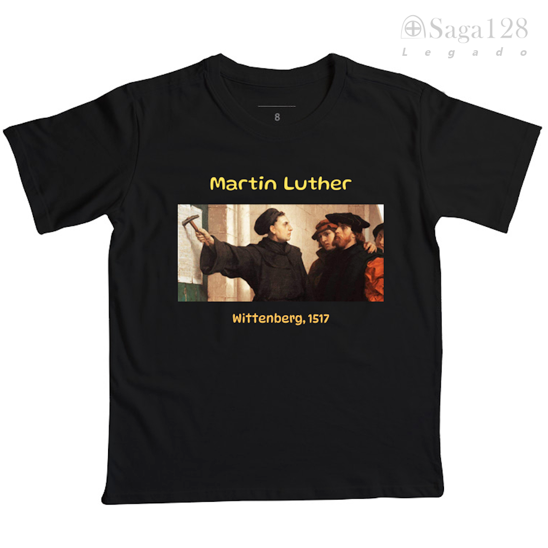 Camiseta Infantil preta Martin Luther – Linha Legado inspirada na Reforma Protestante e nos valores de fé e coragem