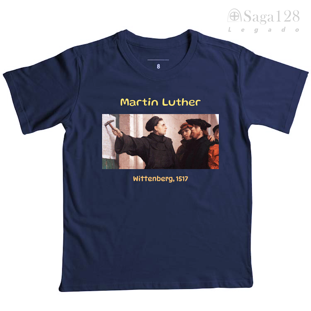 Camiseta Infantil Azul Martin Luther – Linha Legado inspirada na Reforma Protestante e nos valores de fé e coragem