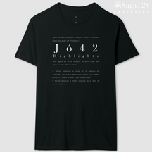Camiseta cristã preta Jó42 Highlights com versículos bíblicos em design textual elegante – algodão peruano