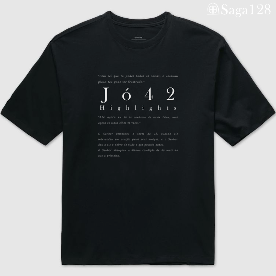Camiseta Oversized preta Jó42 Highlights com versículos bíblicos – conforto e mensagem direta