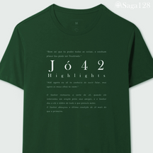 Camiseta cristã verde com estampa textual de Jó 42, visual sóbrio e elegante