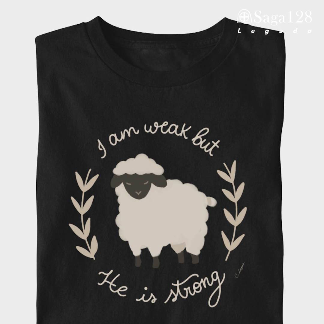 Camiseta cristã infantil feminina preta 'He is Strong' dobrada