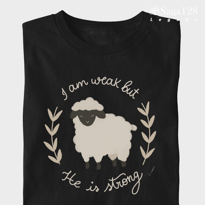 Camiseta cristã infantil feminina preta 'He is Strong' dobrada
