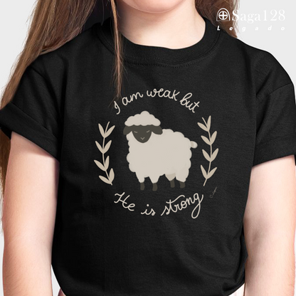 Camiseta cristã infantil feminina preta 'He is Strong'