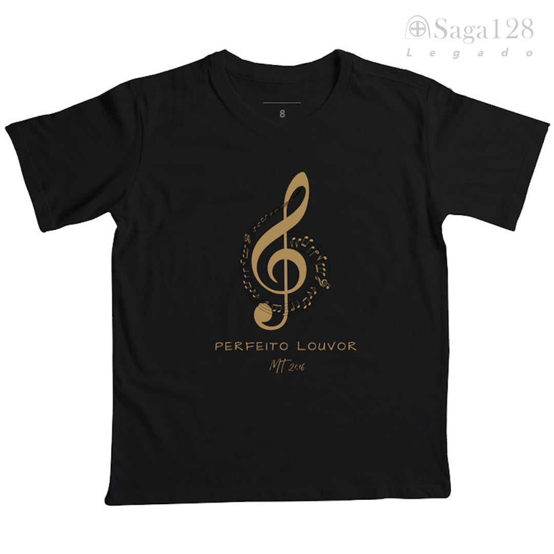 Camiseta preta infantil cristã com tema musical 'Perfeito Louvor'