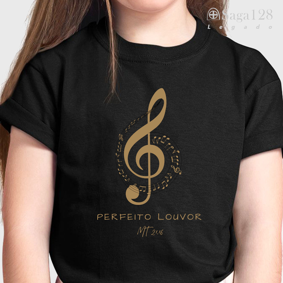 Camiseta preta infantil cristã com tema musical 'Perfeito Louvor'