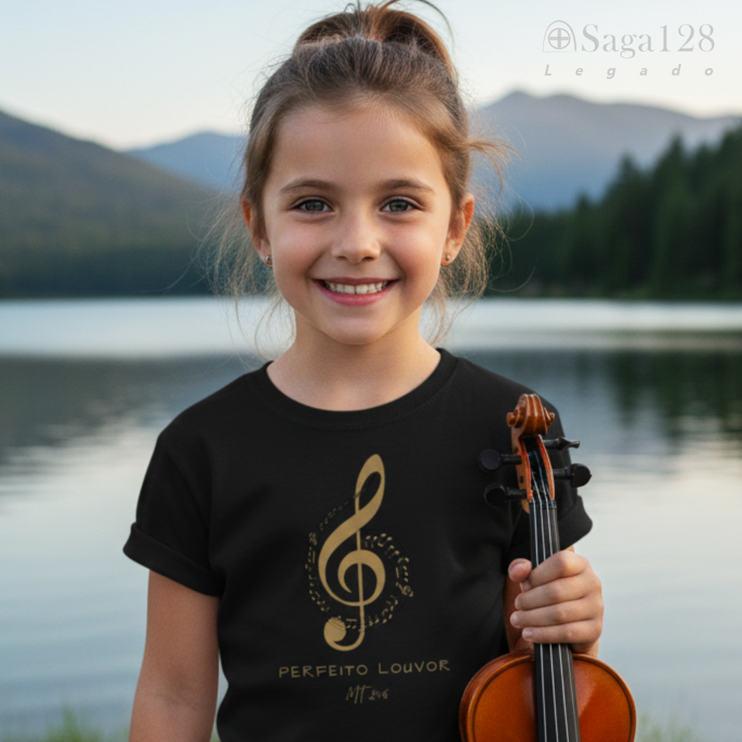 Camiseta infantil cristã com tema musical 'Perfeito Louvor'
