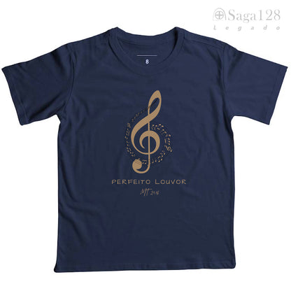 Camiseta azul marinho infantil cristã com tema musical 'Perfeito Louvor'