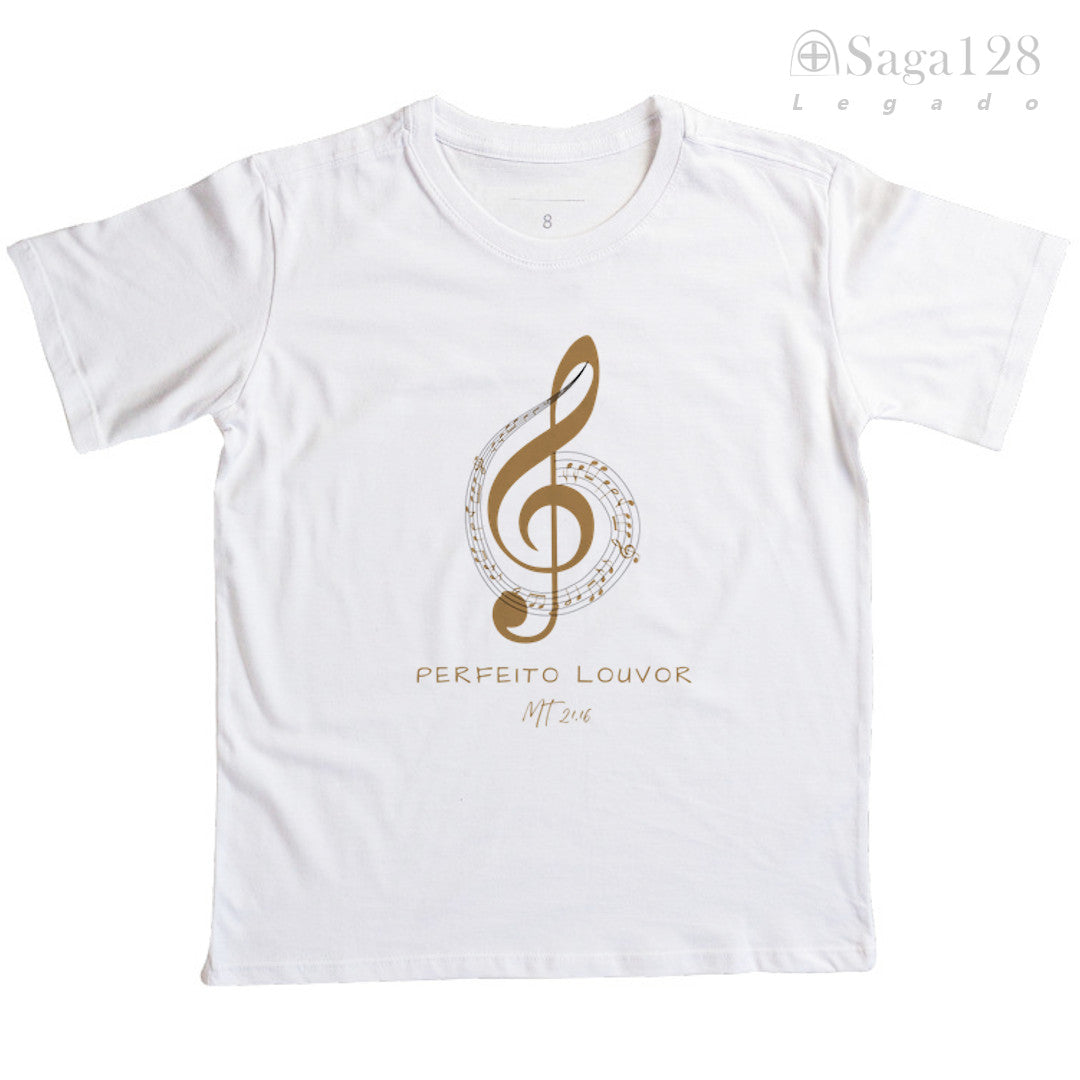 Camiseta branca infantil cristã com tema musical 'Perfeito Louvor'