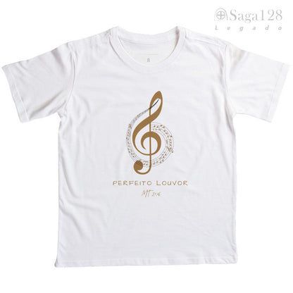 Camiseta branca infantil cristã com tema musical 'Perfeito Louvor'
