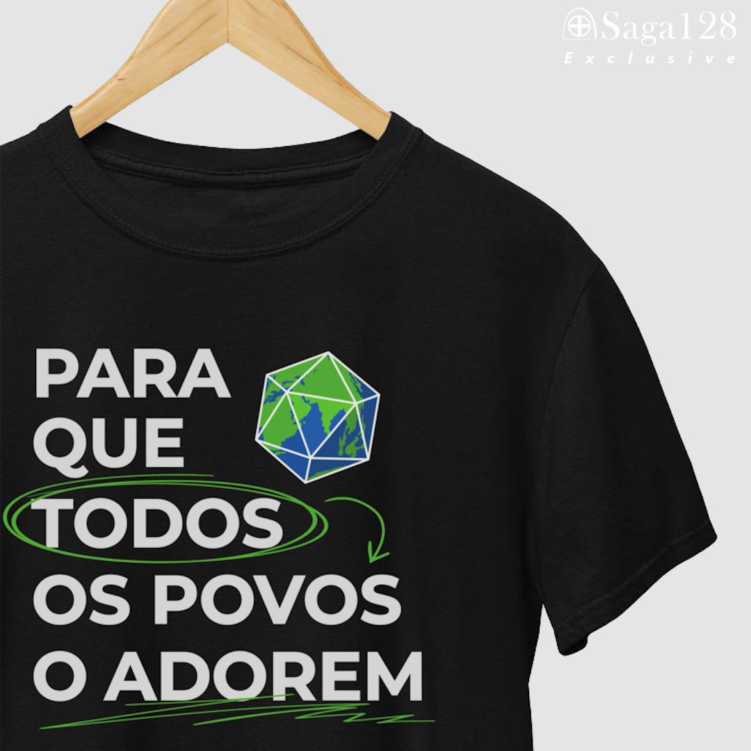 Camiseta Perspectivas Brasil Exclusive – estampa frontal “Para que todos os povos o adorem”, em algodão peruano.