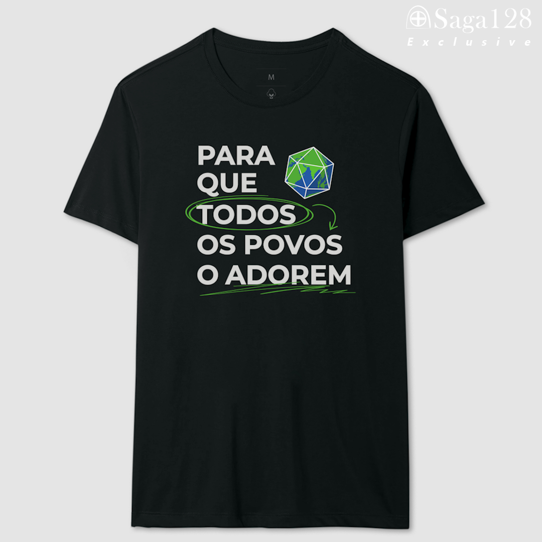 Camiseta Perspectivas Brasil Exclusive – estampa frontal “Para que todos os povos o adorem”, em algodão peruano.
