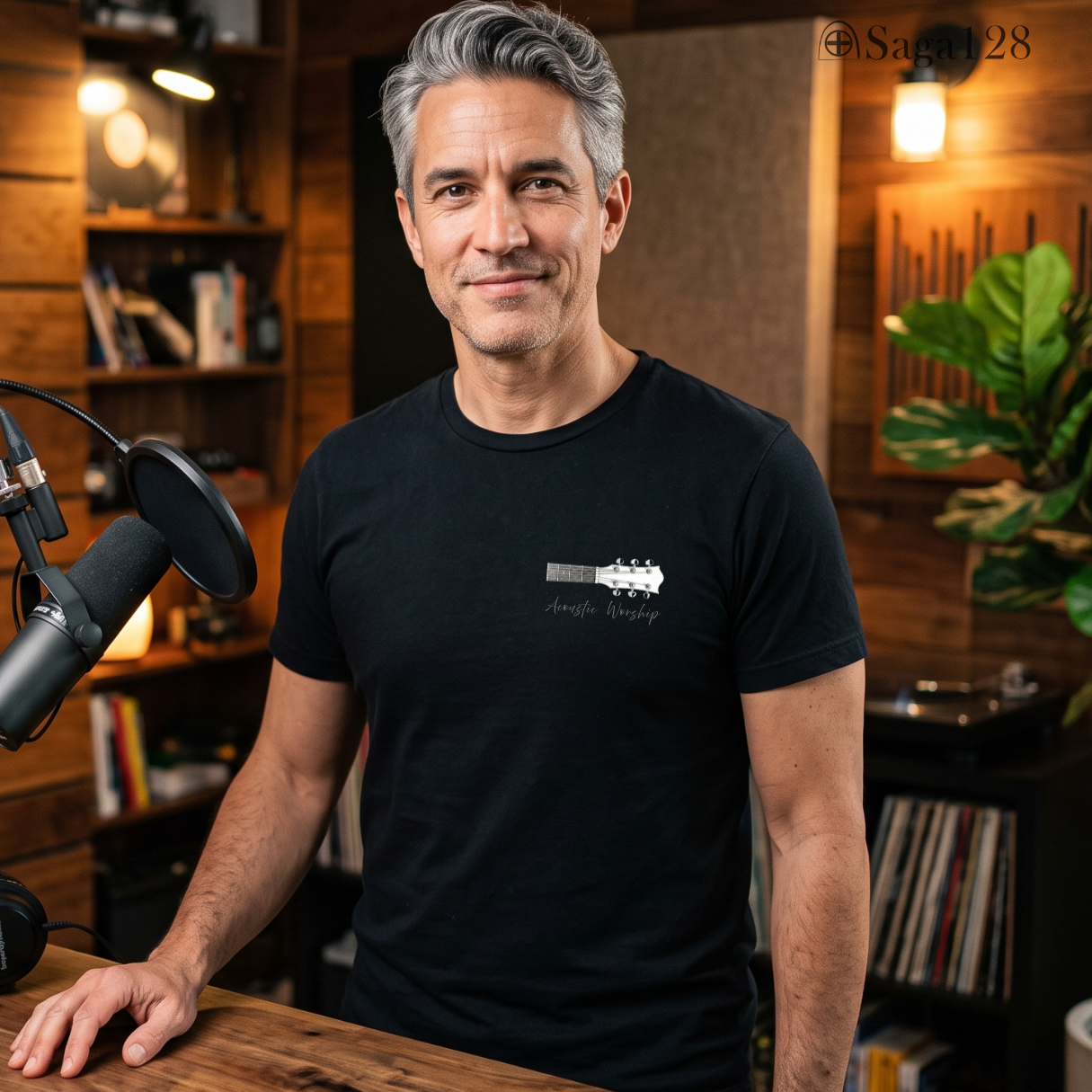 Homem com camiseta preta da Saga128 para quem gosta de louvor acústico.