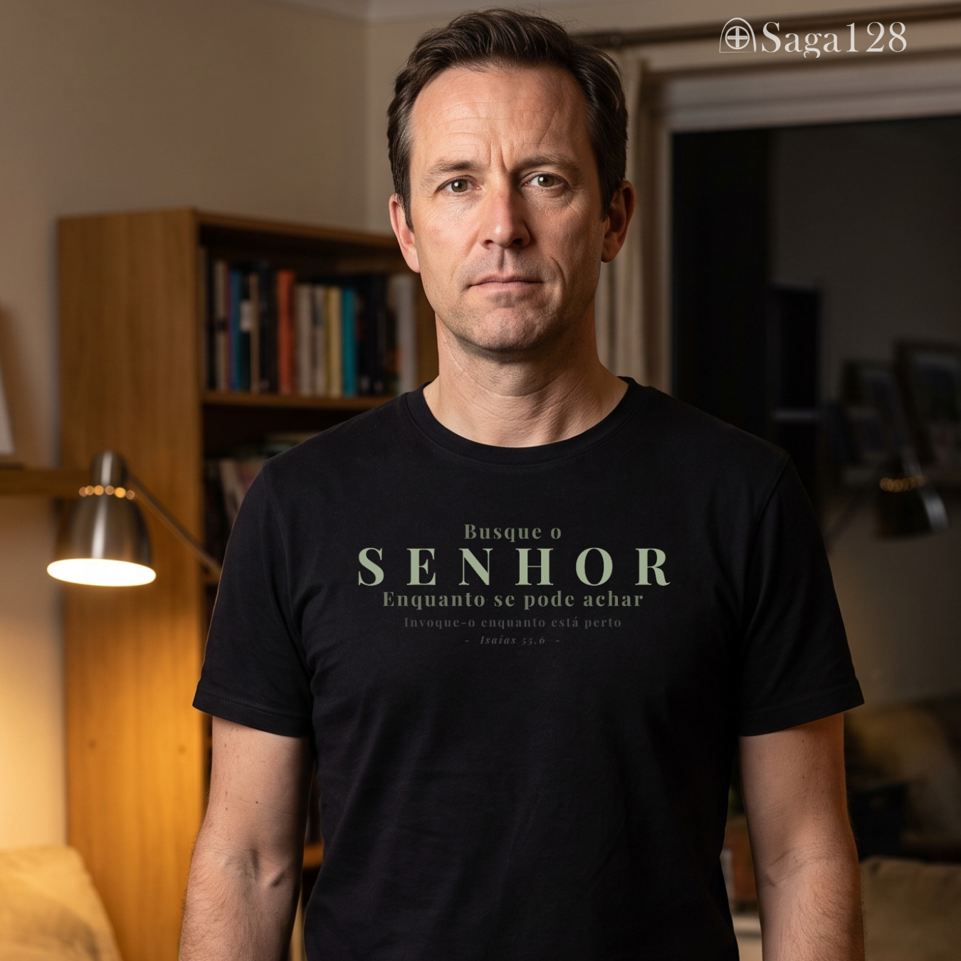 Homem com camiseta preta da Saga128 com estampa inspirada em Isaías 55.6.