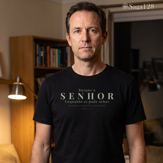 Homem com camiseta preta da Saga128 com estampa inspirada em Isaías 55.6.