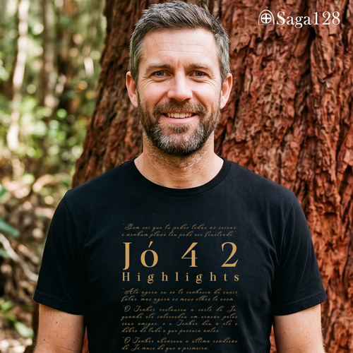 Homem com camiseta cristã preta com estampa textual de Jó 42, visual sóbrio e elegante.