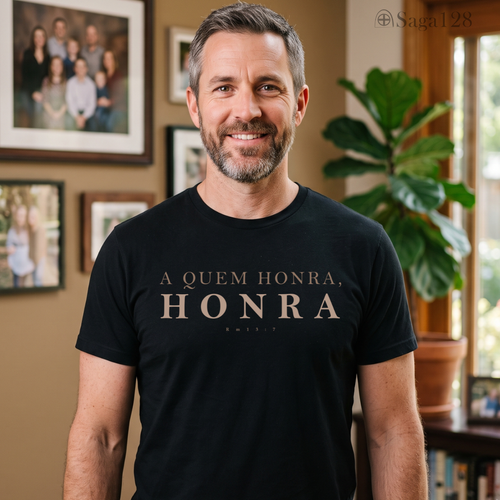 Homem com camiseta preta da Saga128 com tema de Romanos 13:7.
