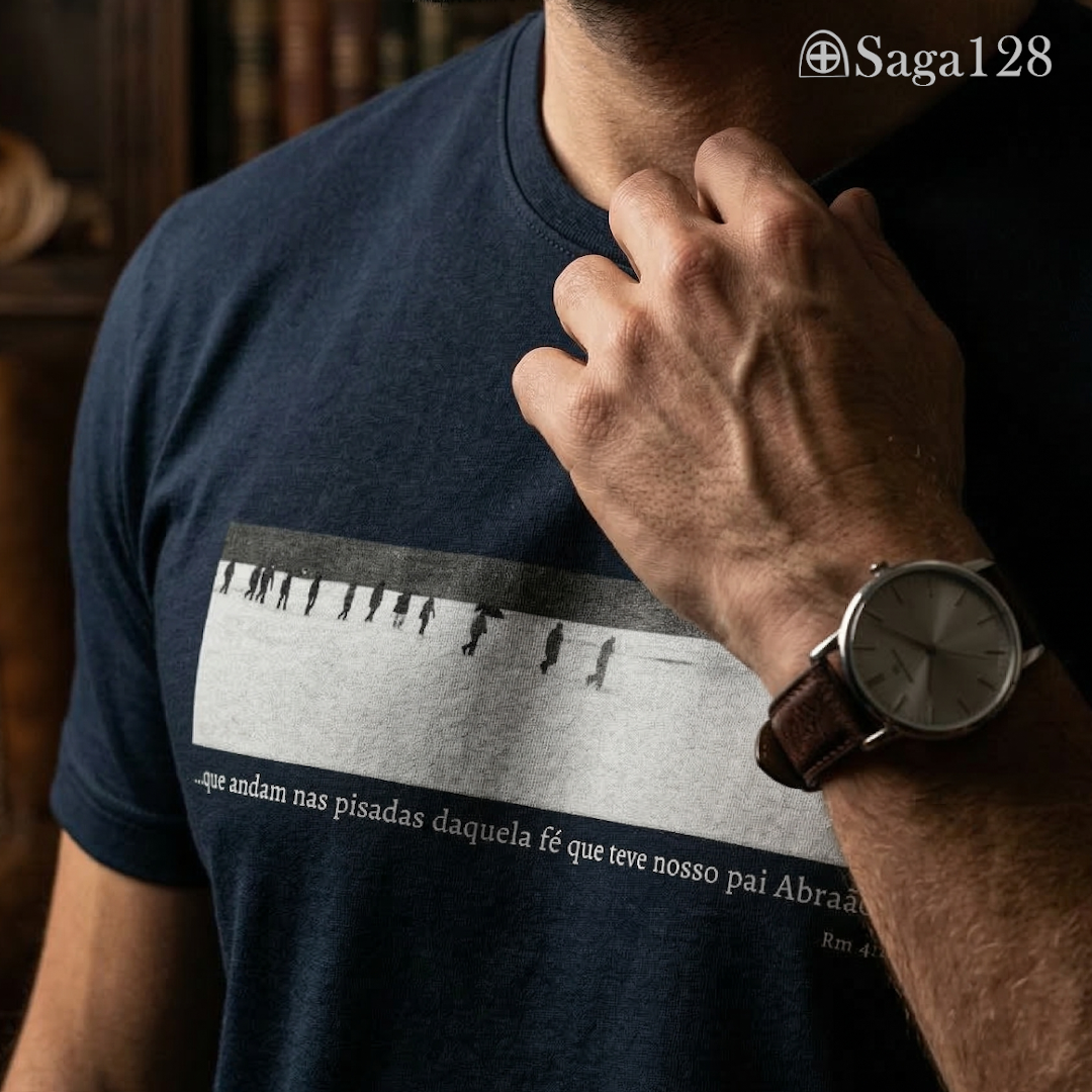 Homem com camiseta cristã Romanos 4.12 com estampa em preto e branco sobre fé, liderança e coragem