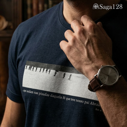 Homem com camiseta cristã Romanos 4.12 com estampa em preto e branco sobre fé, liderança e coragem