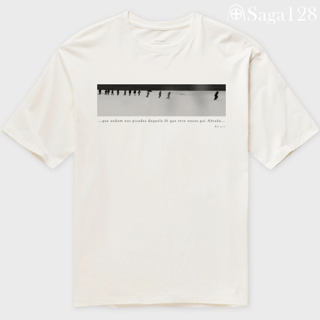 Camiseta oversized Romanos 4.12 branca com estampa conceitual preta e branca | Linha Oversized 195g