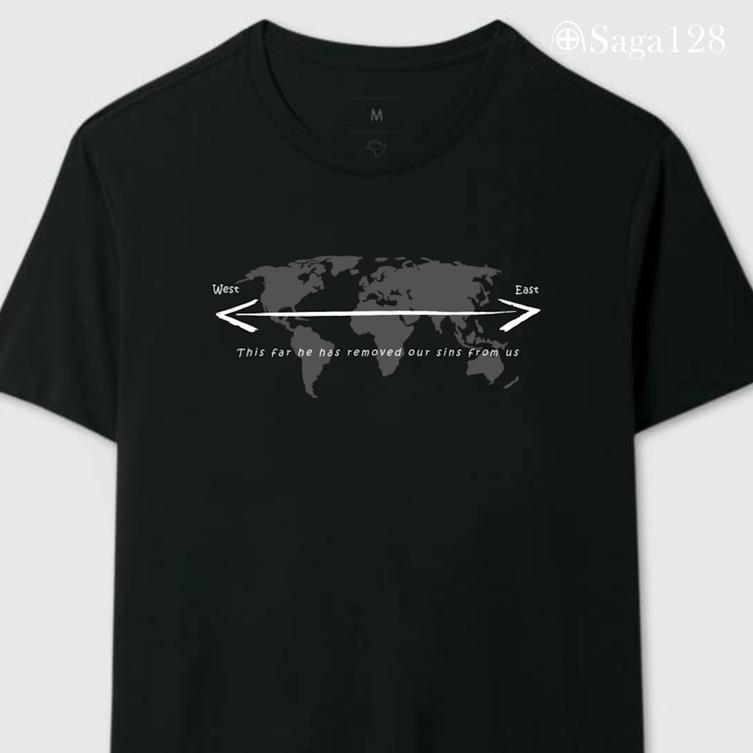 Camiseta missionária preta Salmo 103:12 em inglês – edição especial com algodão premium.