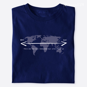 Camiseta missionária azul dobrada Salmo 103:12 em inglês – edição especial com algodão premium.