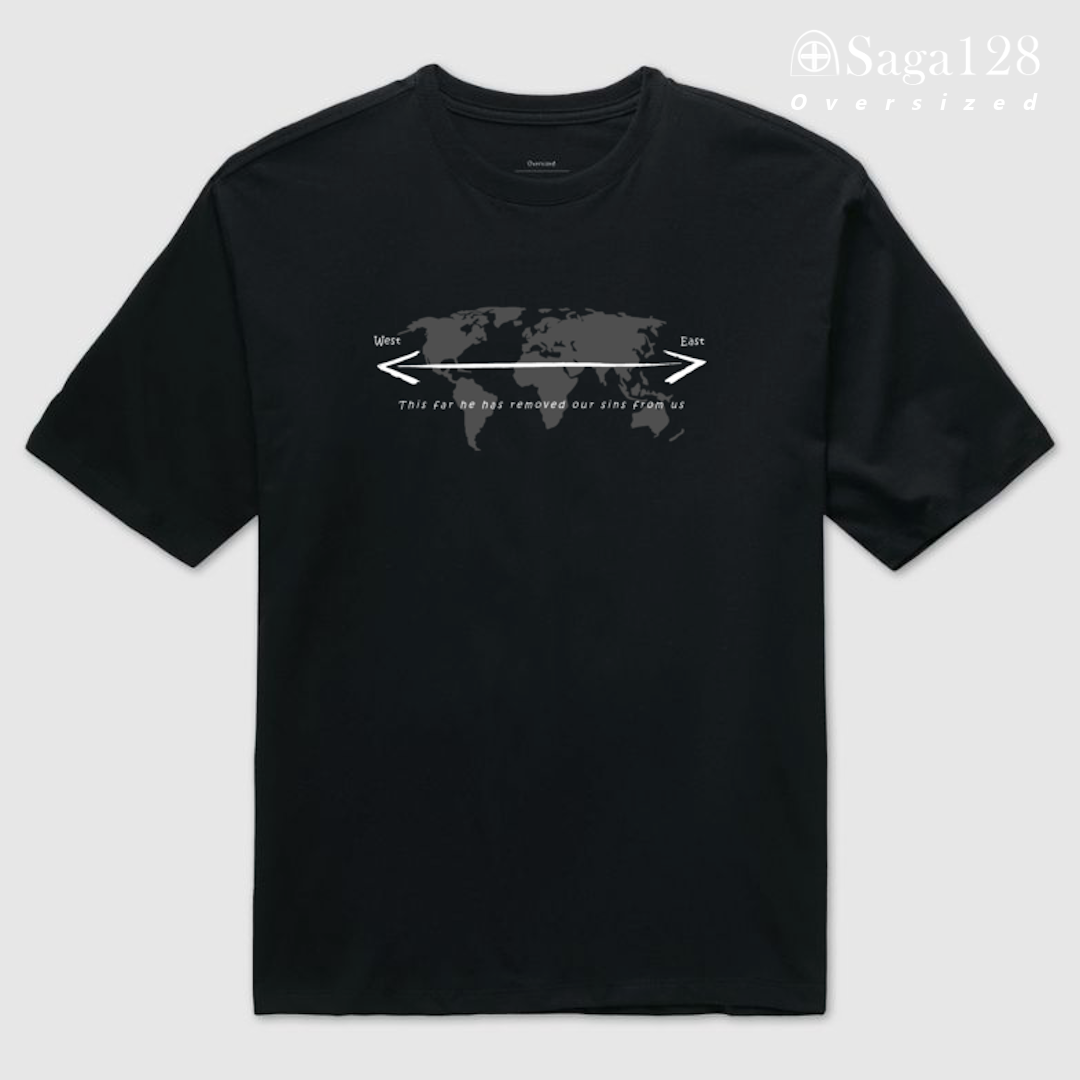 Camiseta oversized missionária preta Salmo 103:12 em inglês – edição especial com algodão premium.