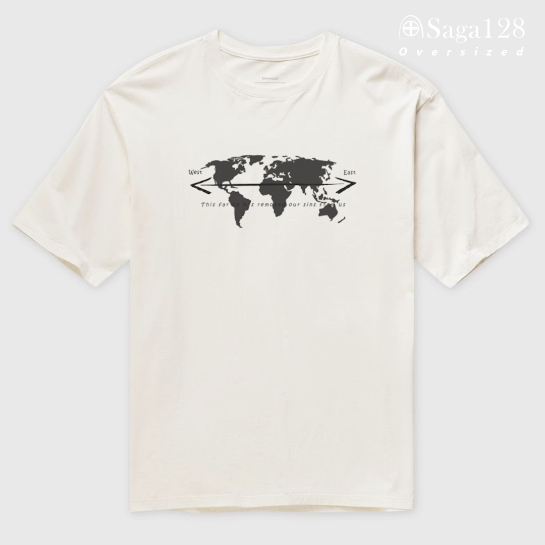 Camiseta oversized missionária branca Salmo 103:12 em inglês – edição especial com algodão premium.