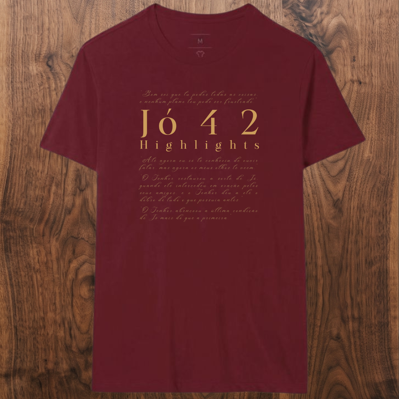 Camiseta cristã bordô com estampa textual de Jó 42, visual sóbrio e elegante.