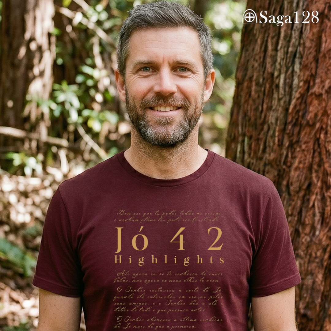 Homem com camiseta cristã bordô com estampa textual de Jó 42, visual sóbrio e elegante.
