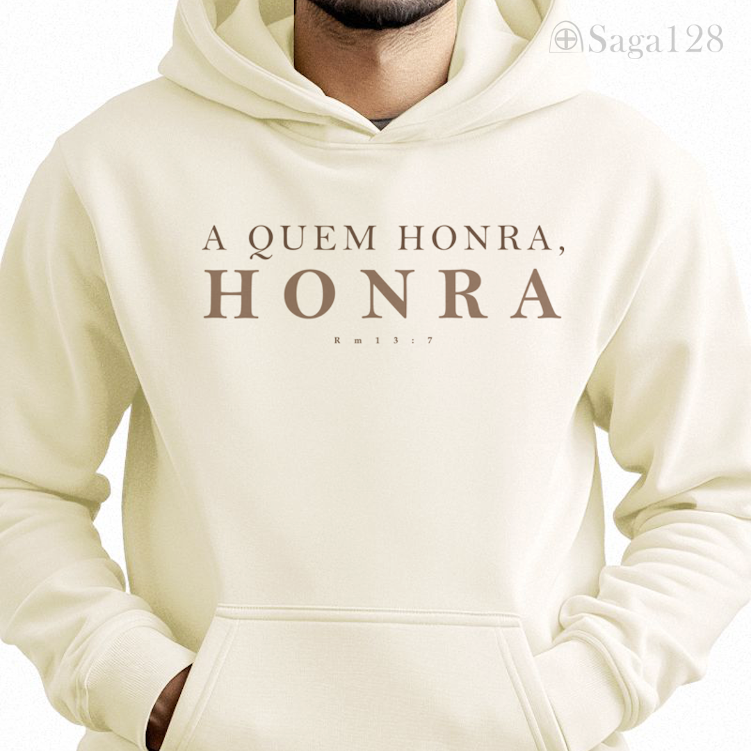 Homem com moletom cristão branco com capuz sem cadarço e estampa Romanos 13.7 – Honra