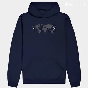 Moletom azul com capuz sem cadarço, estampa Salmo 103.12 com mapa. Conforto e fé para o inverno cristão.