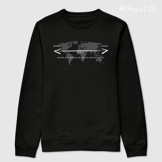 Moletom cristão masculino preto sem capuz com estampa Salmo 103.12. Visual limpo e confortável.