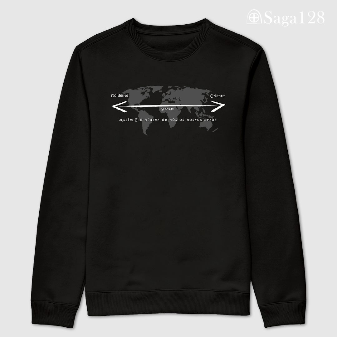 Moletom cristão masculino preto sem capuz com estampa Salmo 103.12. Visual limpo e confortável.