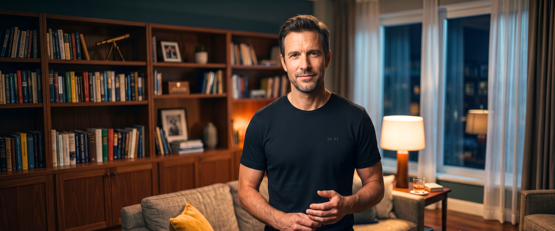 Homem com camiseta preta da Saga128 inspirada em Jó 42.