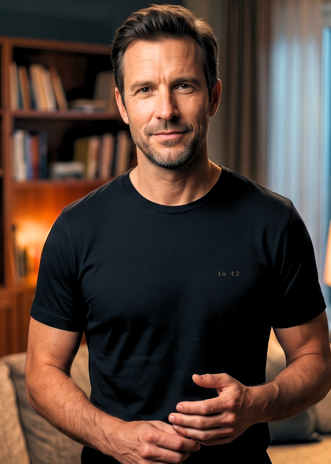 Homem com camiseta preta da Saga128 inspirada em Jó 42.