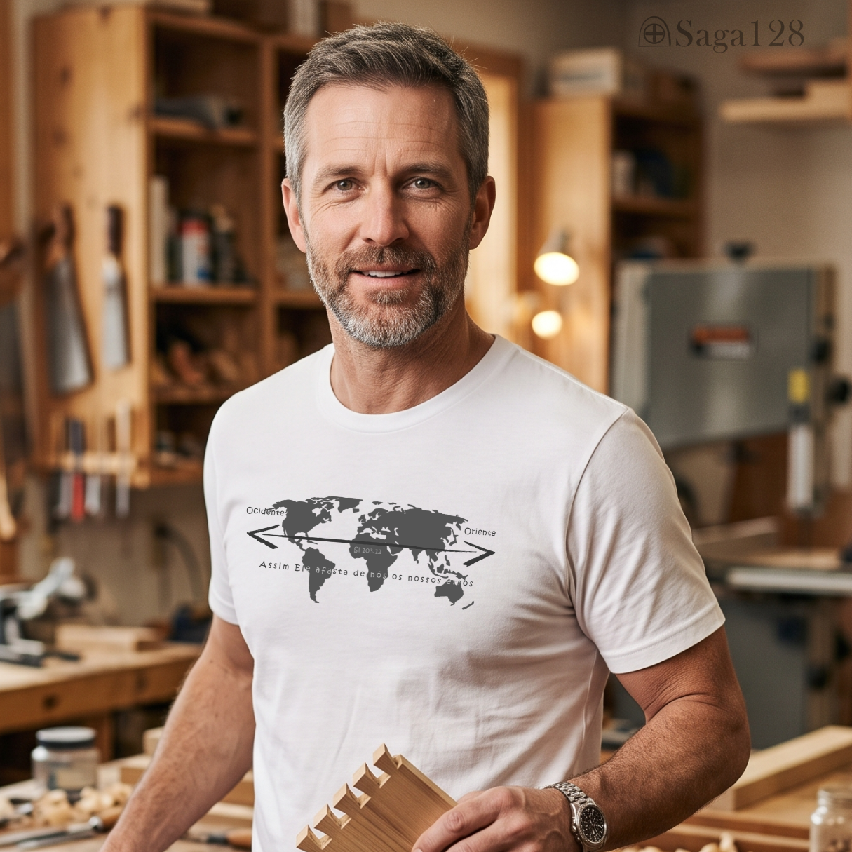 Homem com camiseta masculina branca da Saga128 com estampa de mapa mundi inspirada em Salmo 103.12.
