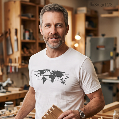 Homem com camiseta masculina branca da Saga128 com estampa de mapa mundi inspirada em Salmo 103.12.
